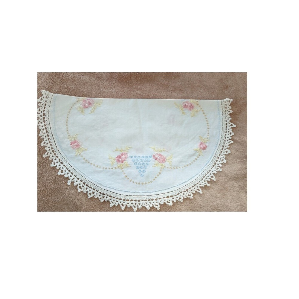 Vintage Hand Embroidered Tablecloth / Doily with Crochet Edge, 19" Round. Pink
